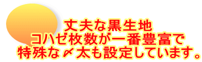 丈夫な黒生地 コハゼ枚数が一番豊富で 特殊な〆太も設定しています。